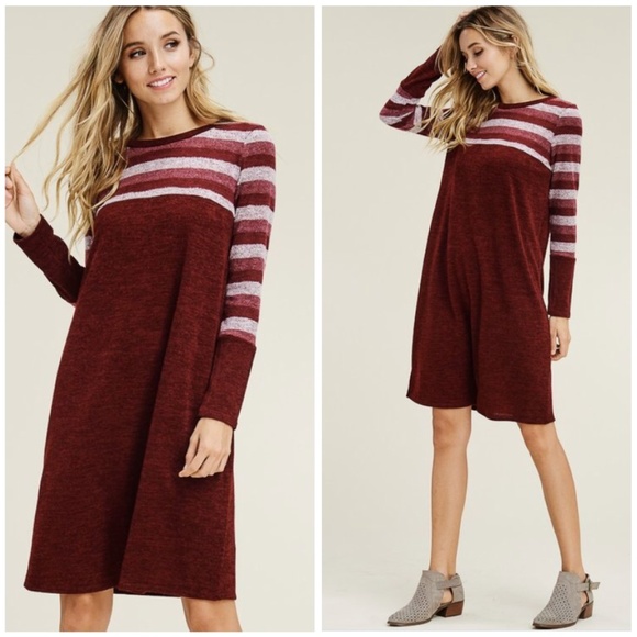 Penna&Pine Dresses & Skirts - ONE LEFT Burgundy Midi Striped Sweater Dress
